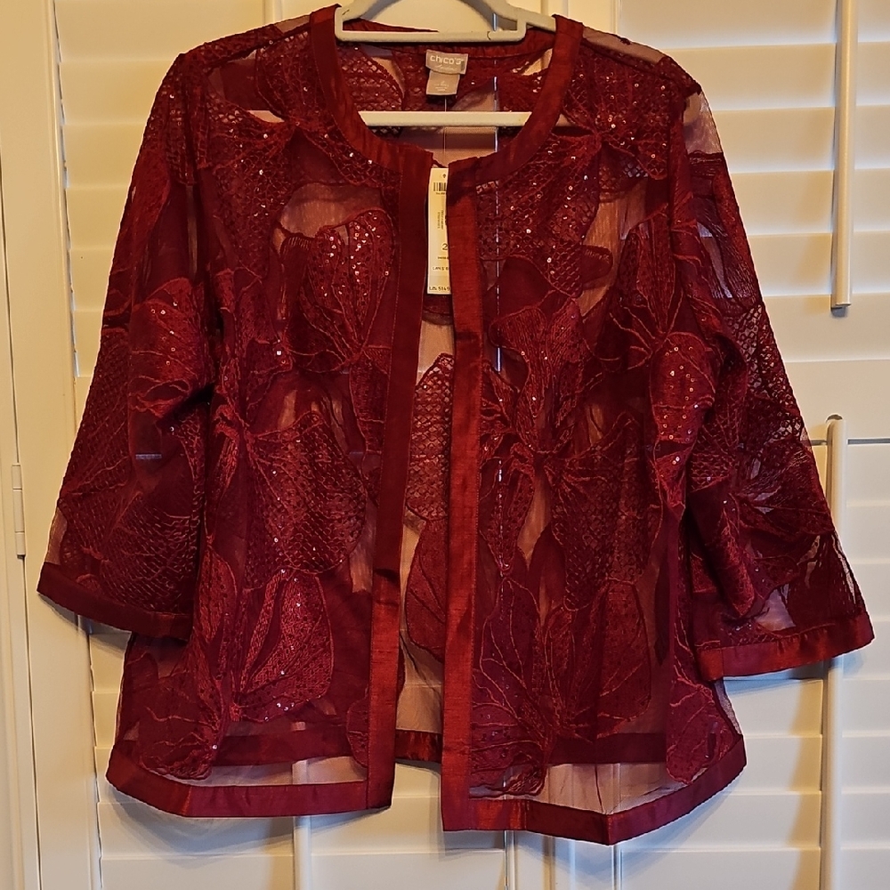 Chico's Embroidered Sheer Jacket in Deep Cherry